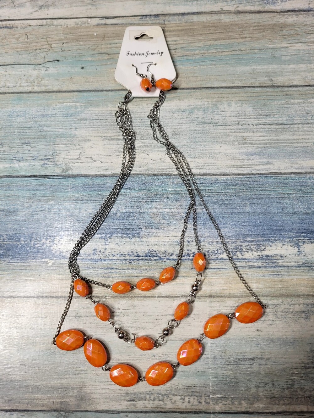 Fashion Jewelry Orange Faceted Multi-Strand Necklace with Matching Earrings